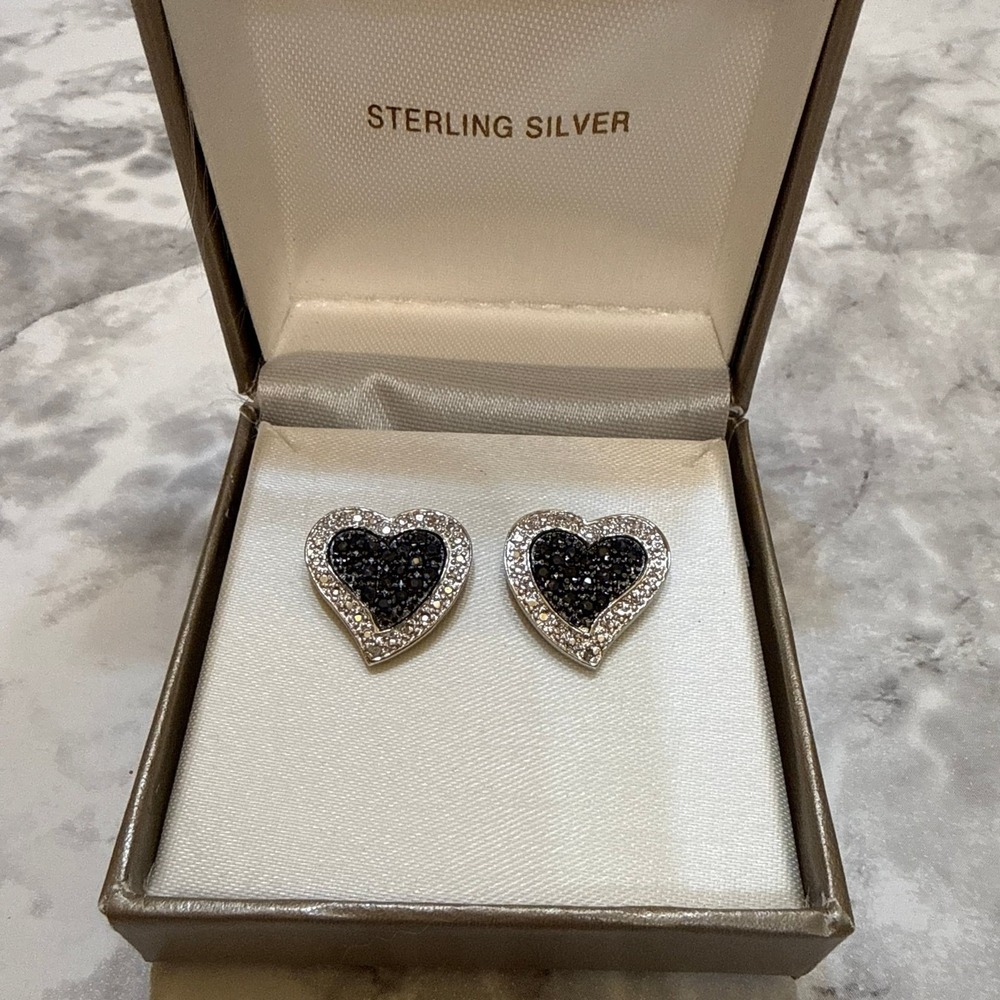 Sterling Silver Black Rhodium Plated Black Cubic Zirconia Heart Post‎ Earrings